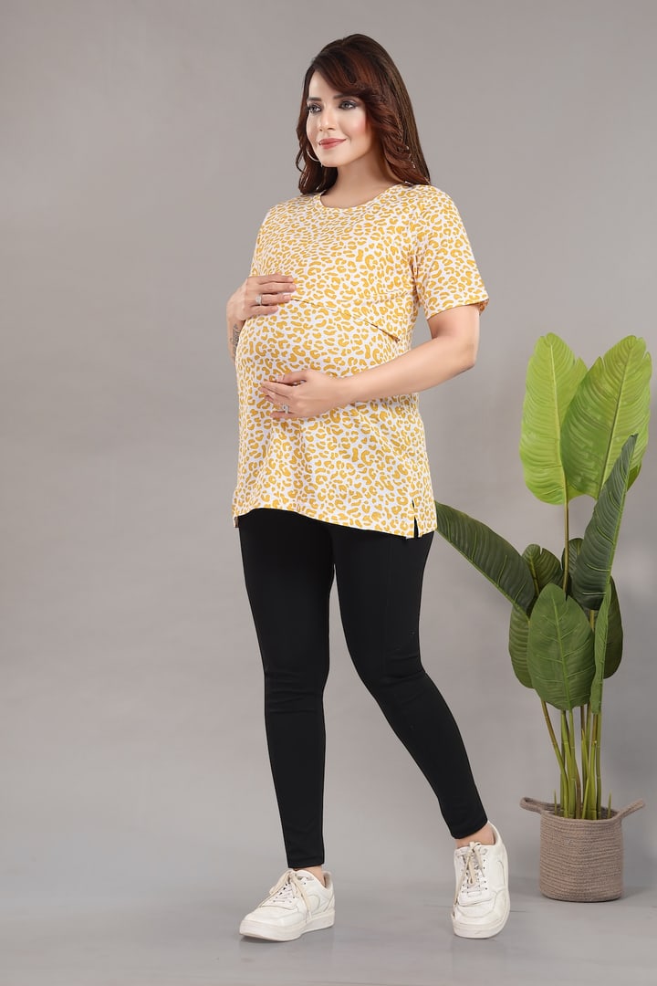 MomsBae Yellow Cheetah Zipless Feeding T Shirt, alternate full-length view