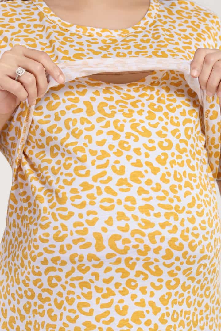 MomsBae Yellow Cheetah Zipless Feeding T Shirt, zipless nursing panel detail